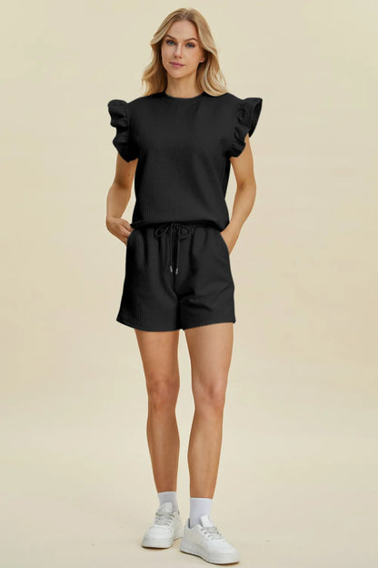 Double Take Full Size Texture Round Neck Ruffle Sleeve Top and Shorts Set - Hopeford Streams