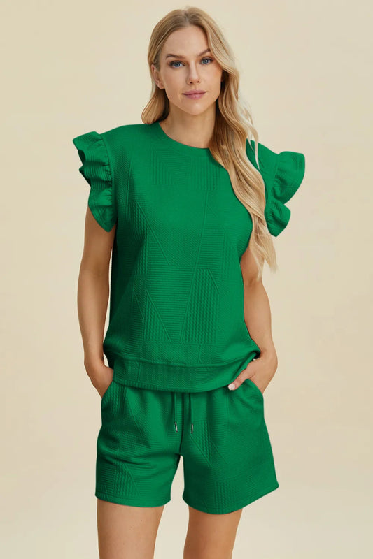 Double Take Full Size Texture Round Neck Ruffle Sleeve Top and Shorts Set - Hopeford Streams