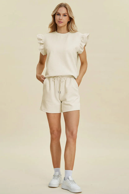 Double Take Full Size Texture Round Neck Ruffle Sleeve Top and Shorts Set - Hopeford Streams