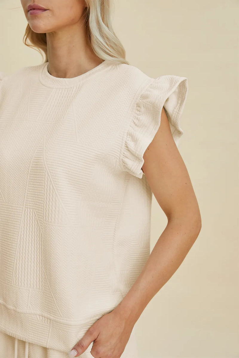 Double Take Full Size Texture Round Neck Ruffle Sleeve Top and Shorts Set - Hopeford Streams