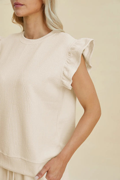 Double Take Full Size Texture Round Neck Ruffle Sleeve Top and Shorts Set - Hopeford Streams