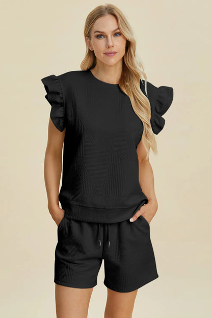 Double Take Full Size Texture Round Neck Ruffle Sleeve Top and Shorts Set - Hopeford Streams