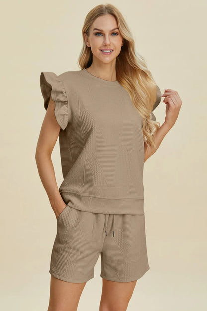 Double Take Full Size Texture Round Neck Ruffle Sleeve Top and Shorts Set - Hopeford Streams
