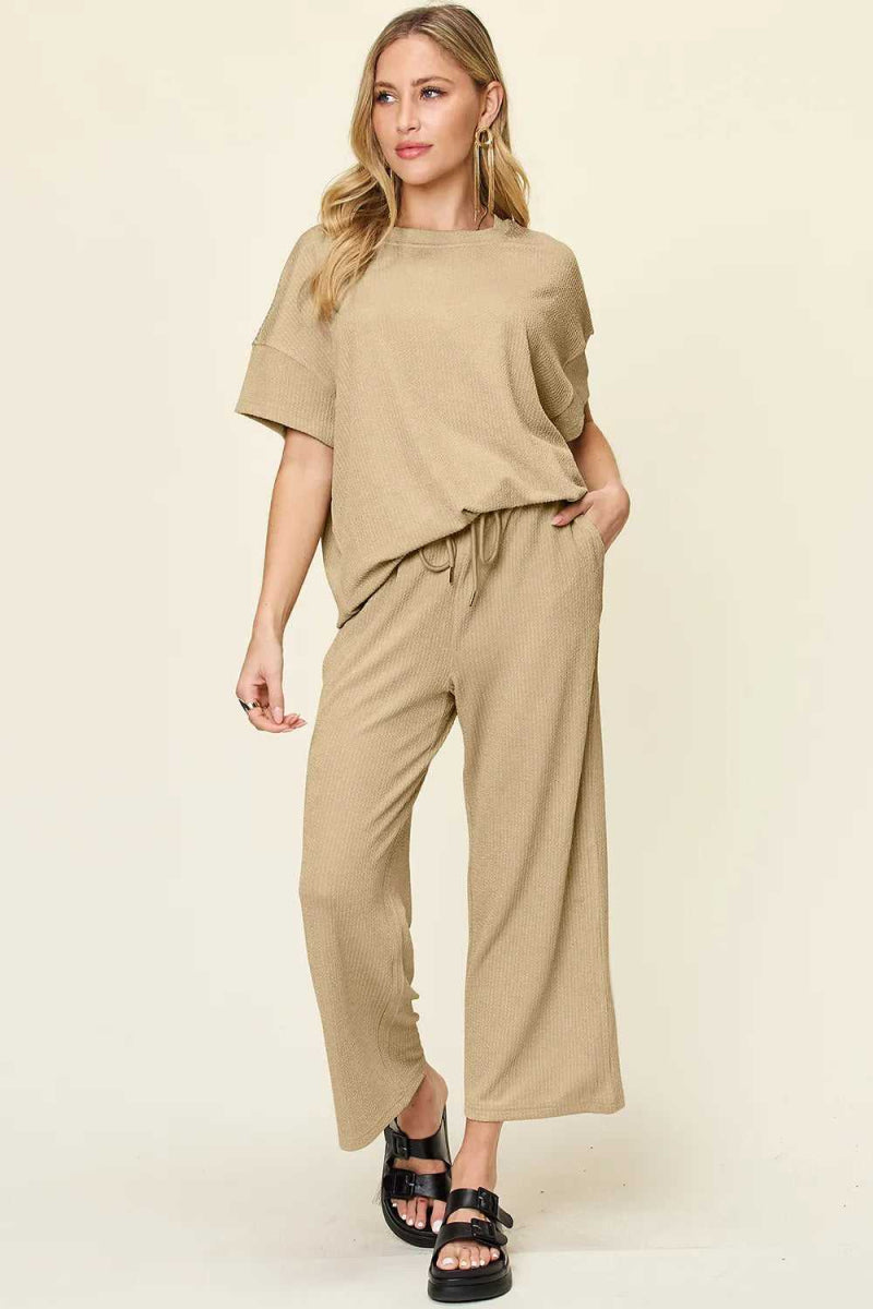 Double Take Full Size Texture Round Neck Short Sleeve T-Shirt and Wide Leg Pants - Hopeford Streams