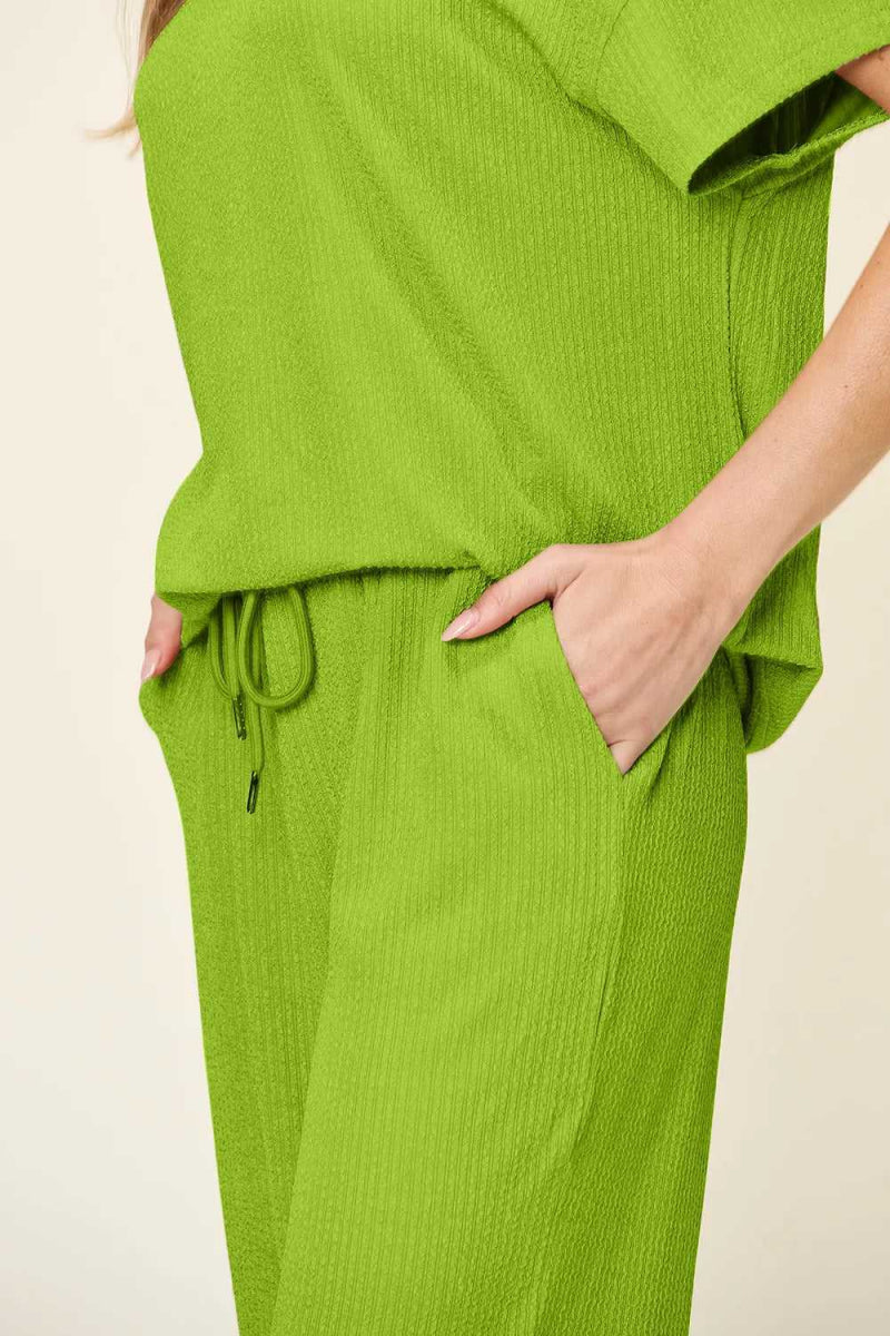Double Take Full Size Texture Round Neck Short Sleeve T-Shirt and Wide Leg Pants - Hopeford Streams
