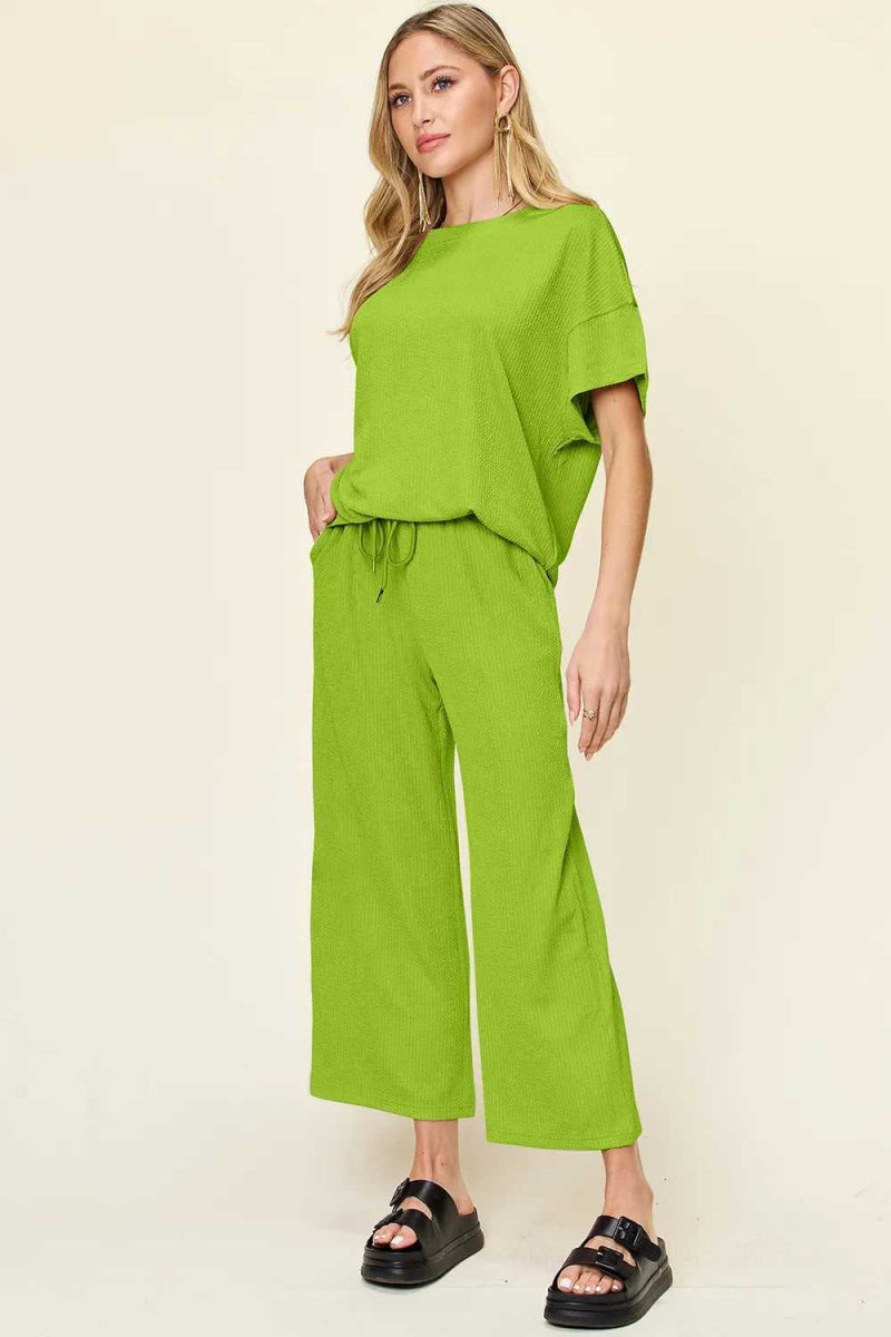 Double Take Full Size Texture Round Neck Short Sleeve T-Shirt and Wide Leg Pants - Hopeford Streams