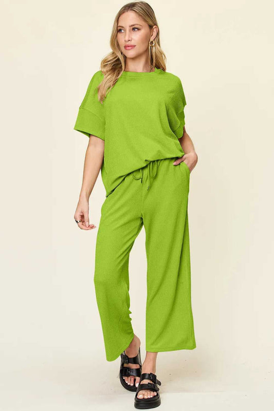 Double Take Full Size Texture Round Neck Short Sleeve T-Shirt and Wide Leg Pants - Hopeford Streams