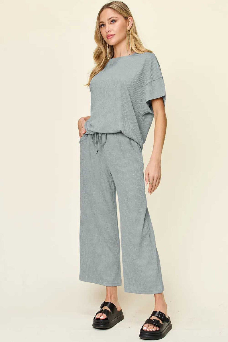 Double Take Full Size Texture Round Neck Short Sleeve T-Shirt and Wide Leg Pants - Hopeford Streams