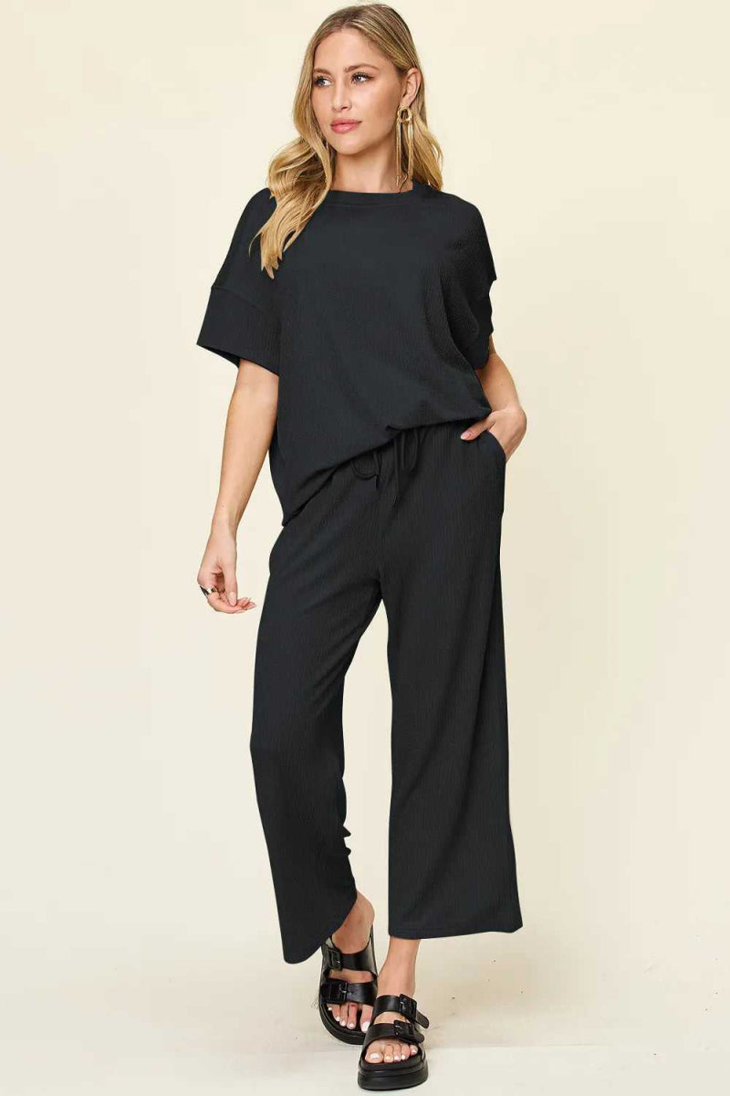 Double Take Full Size Texture Round Neck Short Sleeve T-Shirt and Wide Leg Pants - Hopeford Streams