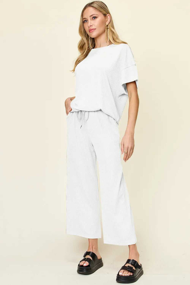 Double Take Full Size Texture Round Neck Short Sleeve T-Shirt and Wide Leg Pants - Hopeford Streams