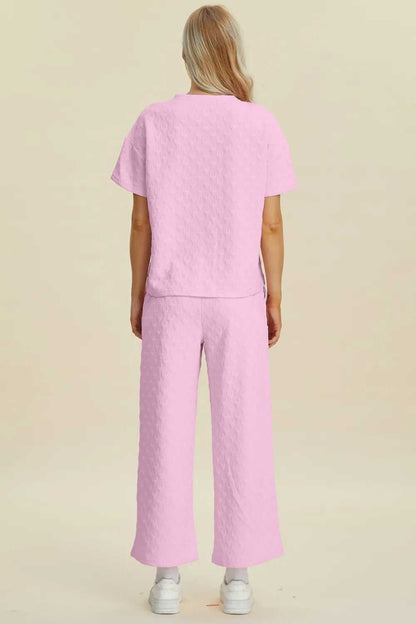 Double Take Full Size Texture Round Neck Short Sleeve Top and Pants Set - Hopeford Streams
