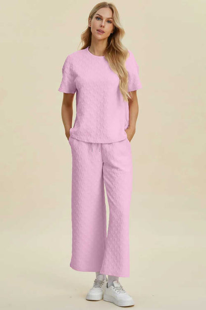 Double Take Full Size Texture Round Neck Short Sleeve Top and Pants Set - Hopeford Streams