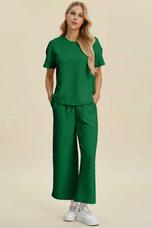 Double Take Full Size Texture Round Neck Short Sleeve Top and Pants Set - Hopeford Streams