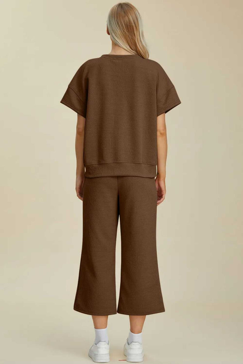 Double Take Full Size Texture Round Neck Top and Pants Set - Hopeford Streams