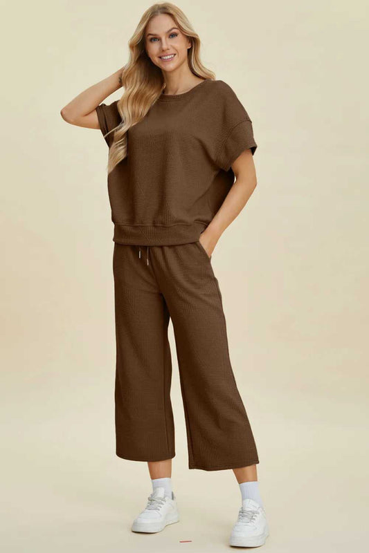 Double Take Full Size Texture Round Neck Top and Pants Set - Hopeford Streams