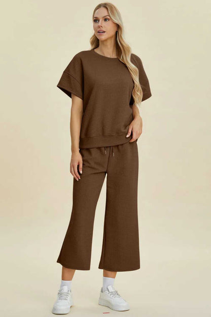 Double Take Full Size Texture Round Neck Top and Pants Set - Hopeford Streams