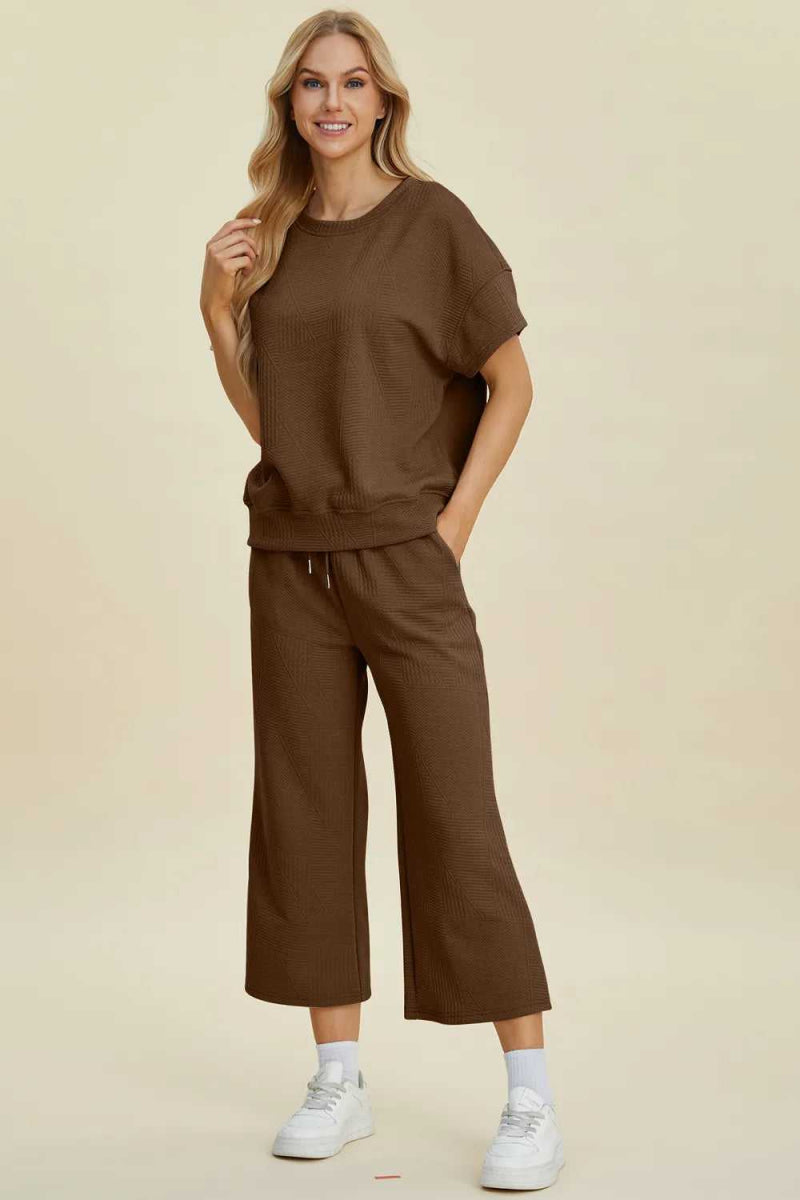 Double Take Full Size Texture Round Neck Top and Pants Set - Hopeford Streams
