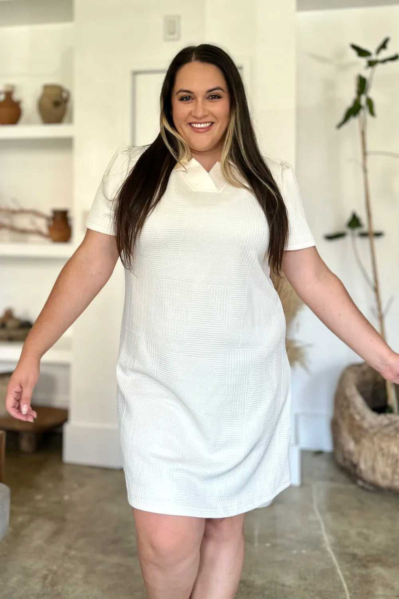 Double Take Full Size Texture Short Sleeve Dress - Hopeford Streams