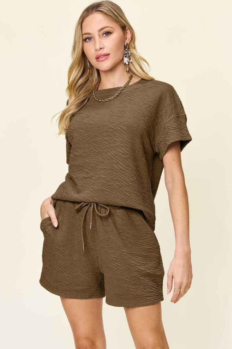 Double Take Full Size Texture Short Sleeve T-Shirt and Drawstring Shorts Set - Hopeford Streams