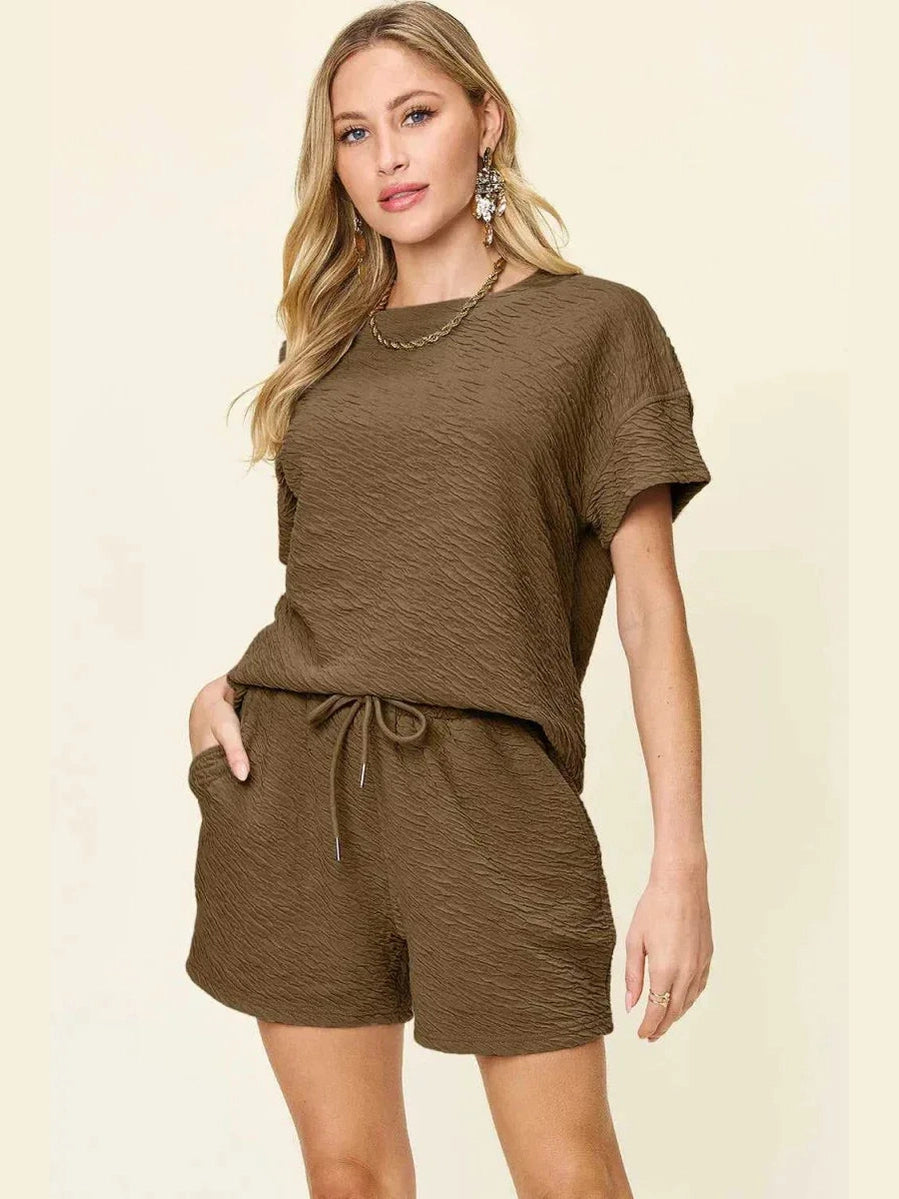 Double Take Full Size Texture Short Sleeve T-Shirt and Drawstring Shorts Set -- 