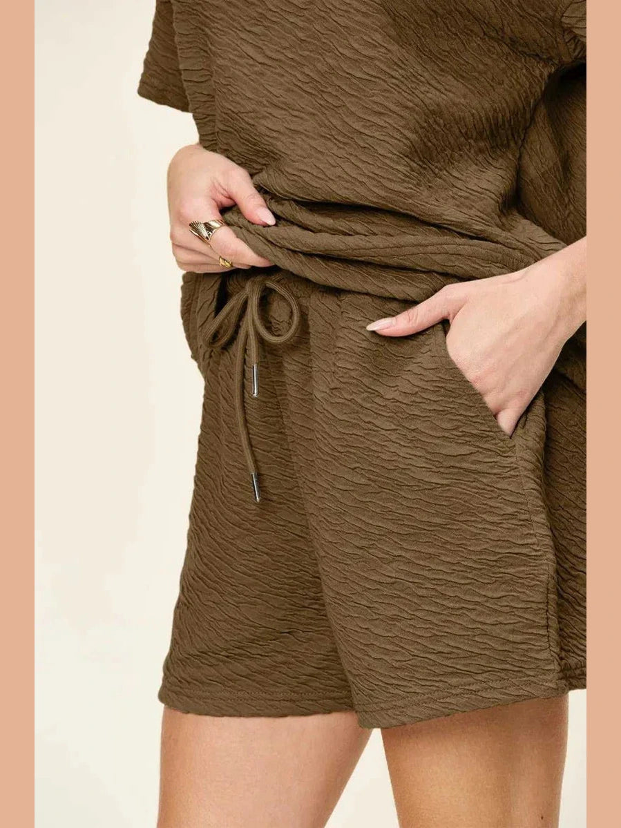 Double Take Full Size Texture Short Sleeve T-Shirt and Drawstring Shorts Set -- 