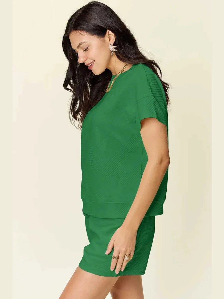 Double Take Full Size Texture Short Sleeve T-Shirt and Drawstring Shorts Set -- 