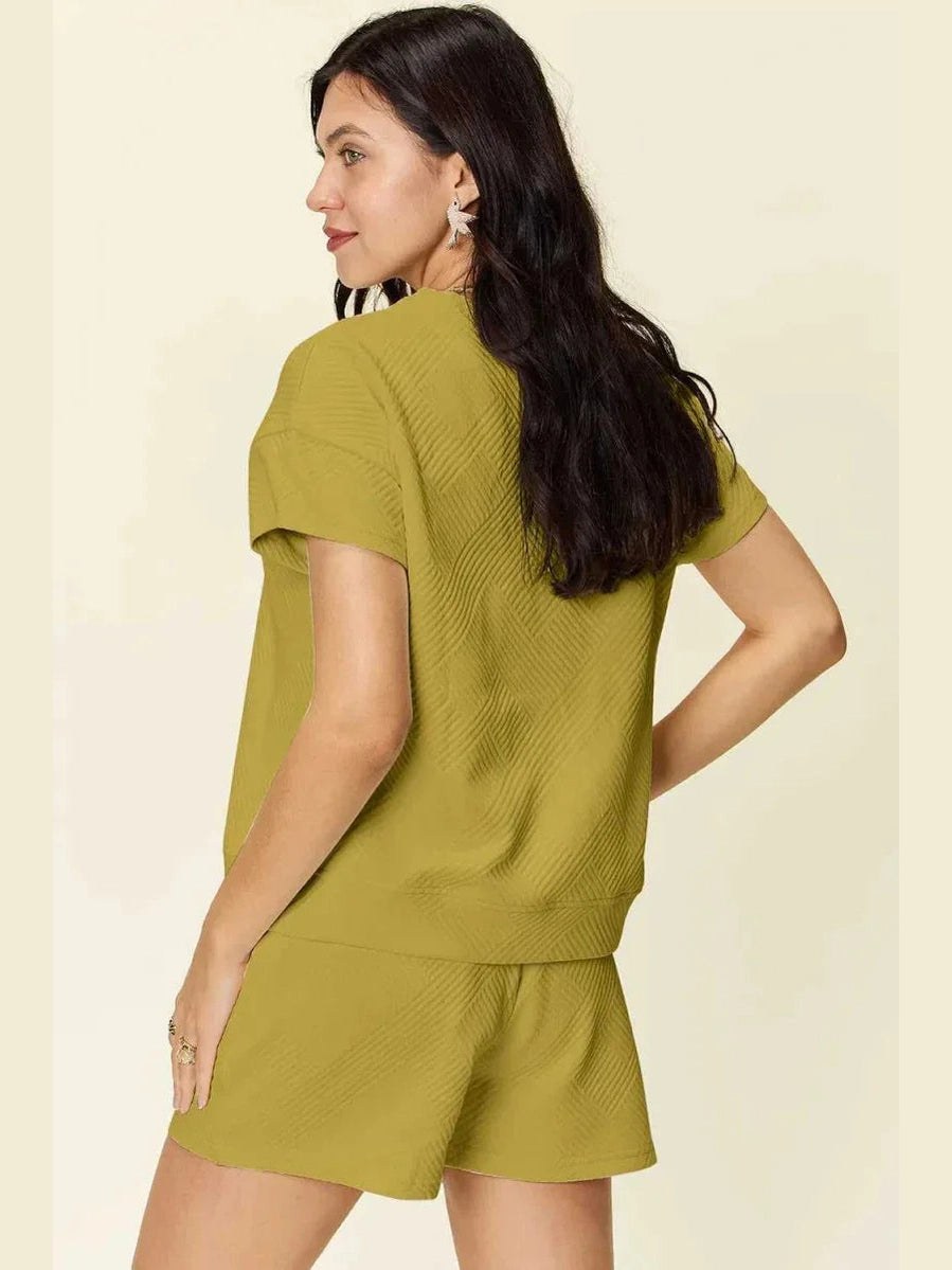 Double Take Full Size Texture Short Sleeve T-Shirt and Drawstring Shorts Set -- 