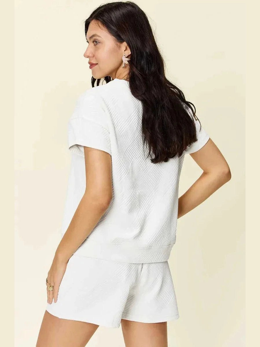 Double Take Full Size Texture Short Sleeve T-Shirt and Drawstring Shorts Set -- 