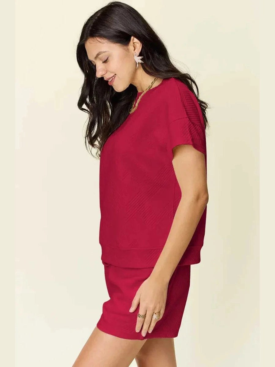 Double Take Full Size Texture Short Sleeve T-Shirt and Drawstring Shorts Set -- 