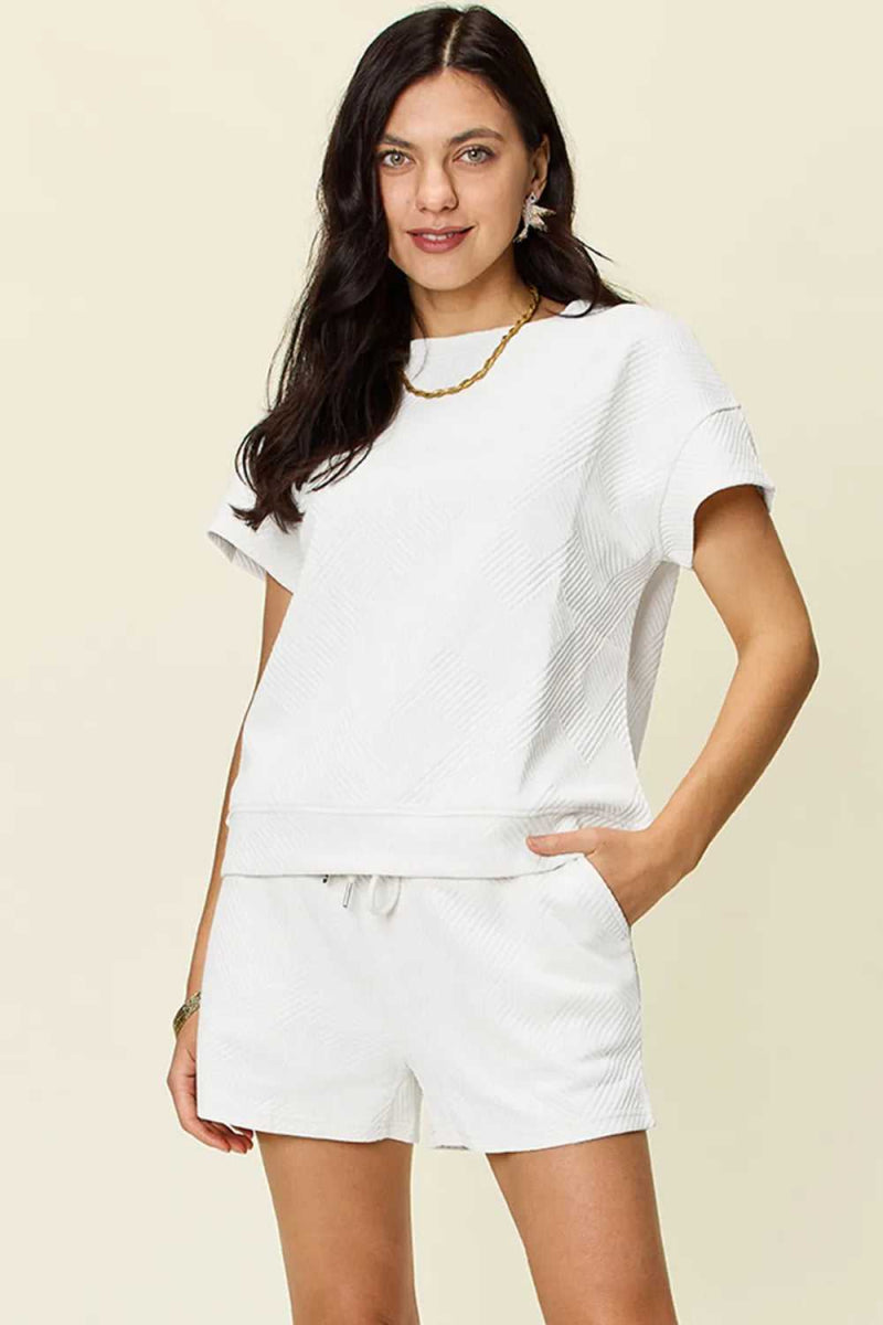 Double Take Full Size Texture Short Sleeve T-Shirt and Drawstring Shorts Set - Hopeford Streams