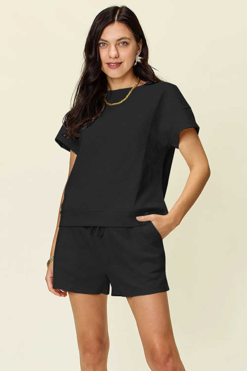 Double Take Full Size Texture Short Sleeve T-Shirt and Drawstring Shorts Set - Hopeford Streams
