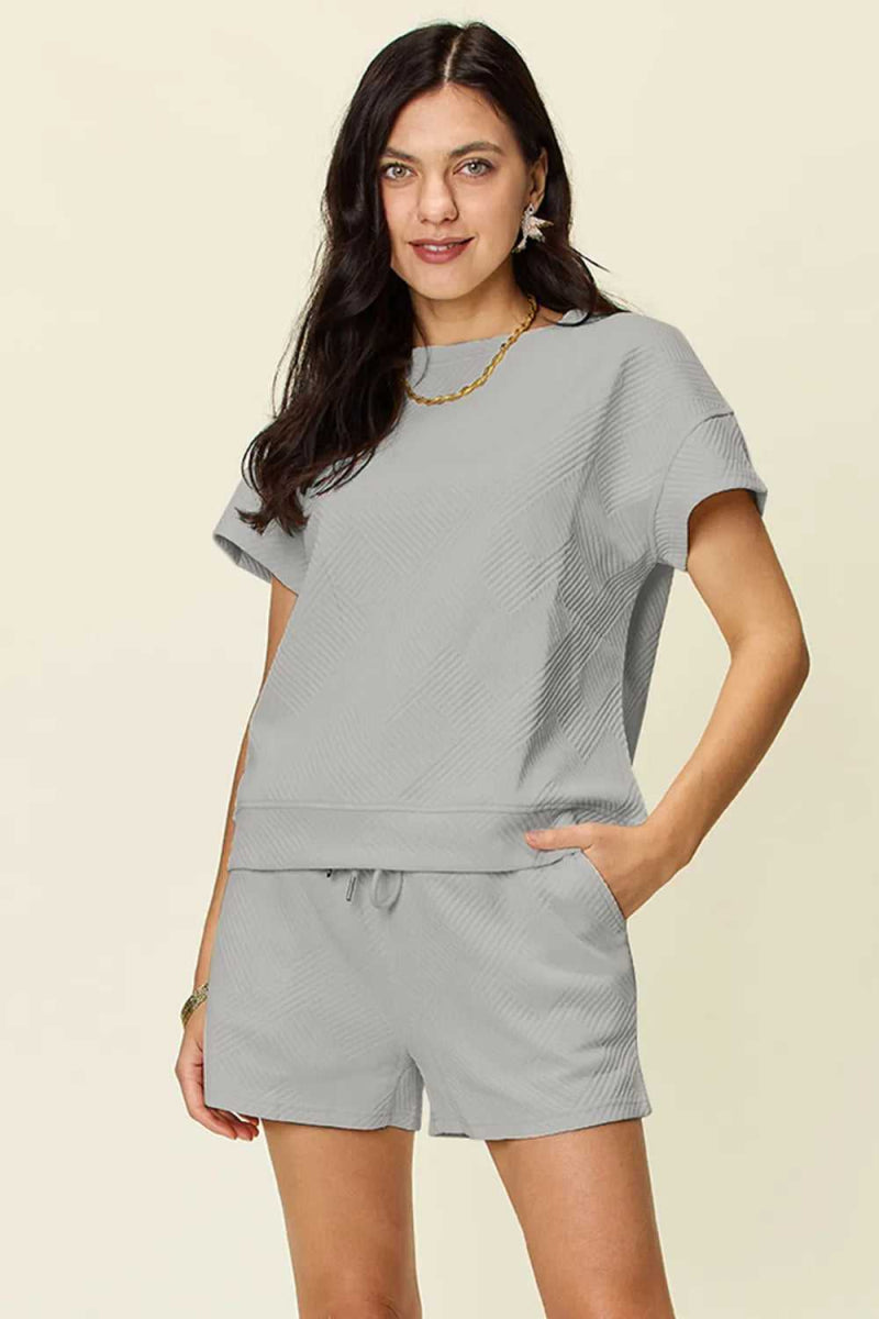 Double Take Full Size Texture Short Sleeve T-Shirt and Drawstring Shorts Set - Hopeford Streams
