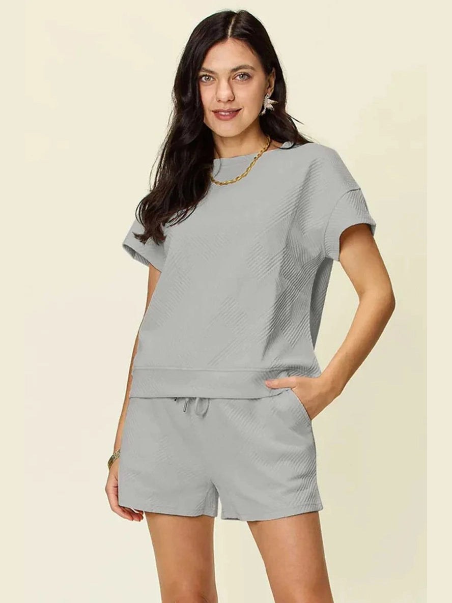 Double Take Full Size Texture Short Sleeve T-Shirt and Drawstring Shorts Set -- 