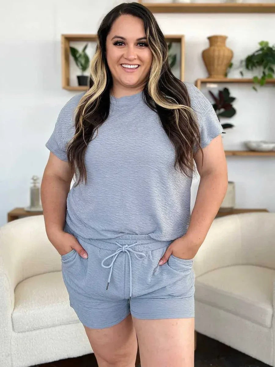 Double Take Full Size Texture Short Sleeve T-Shirt and Drawstring Shorts Set -- 