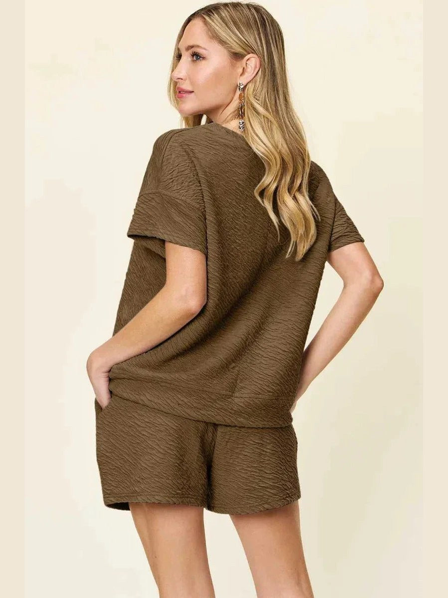 Double Take Full Size Texture Short Sleeve T-Shirt and Drawstring Shorts Set -- 