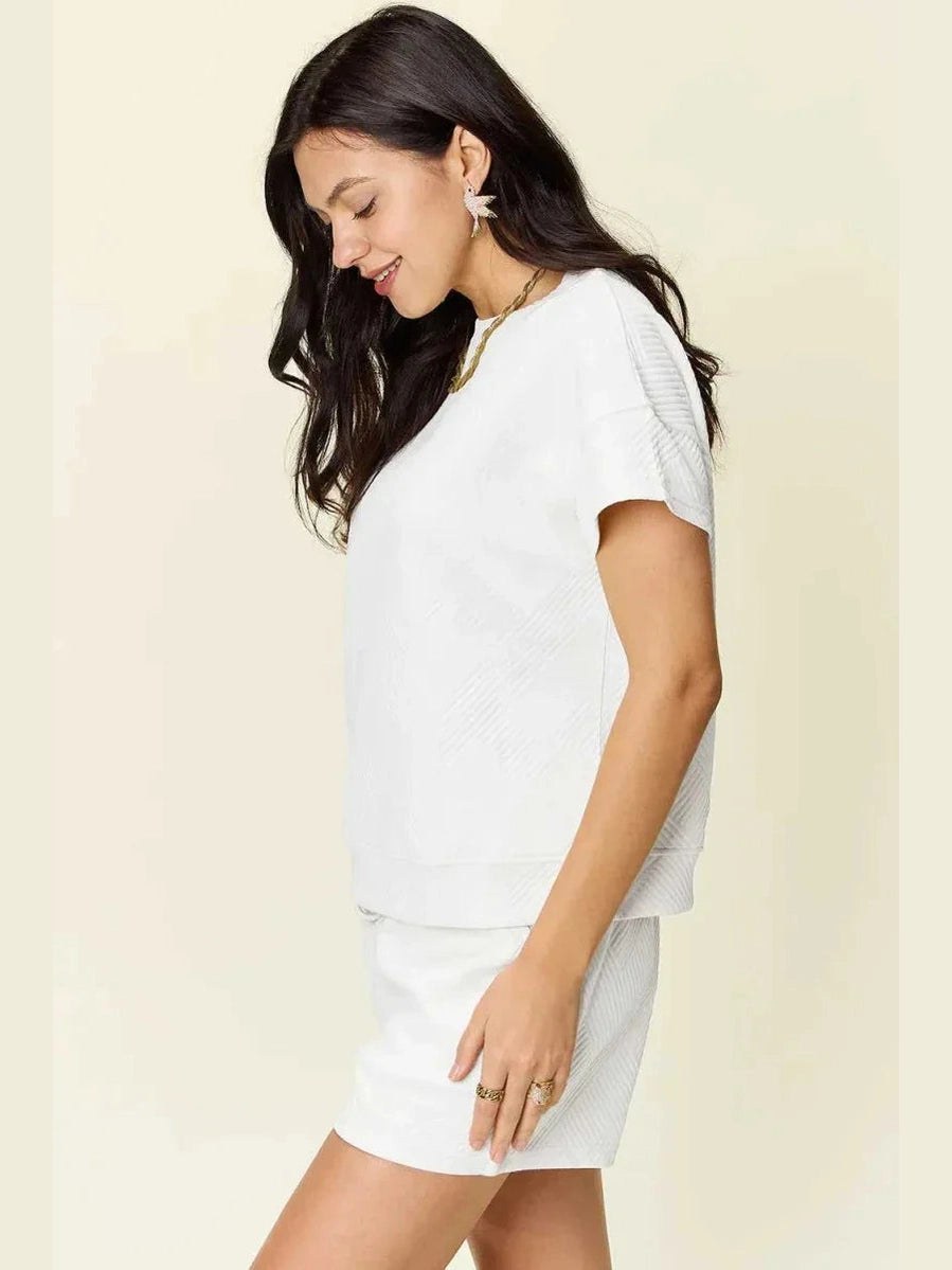 Double Take Full Size Texture Short Sleeve T-Shirt and Drawstring Shorts Set -- 
