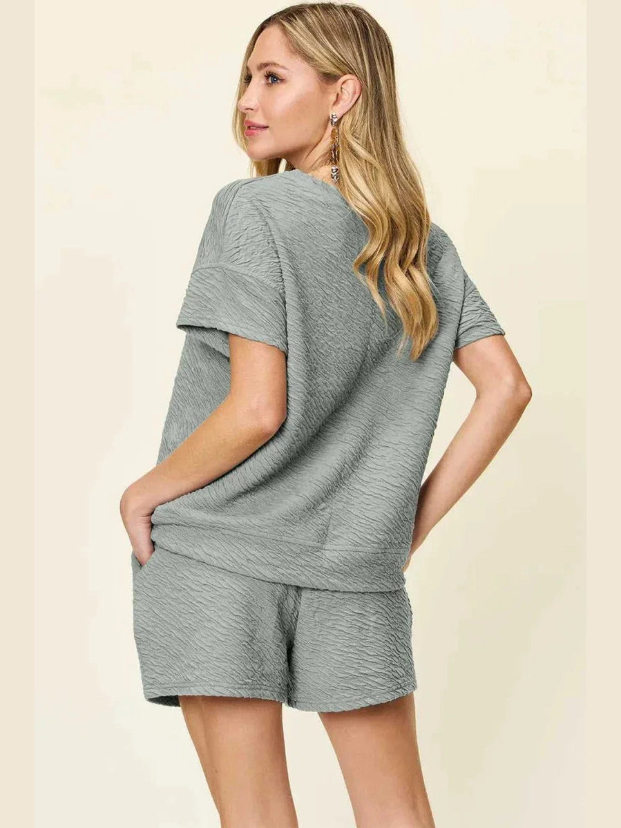 Double Take Full Size Texture Short Sleeve T-Shirt and Drawstring Shorts Set -- 