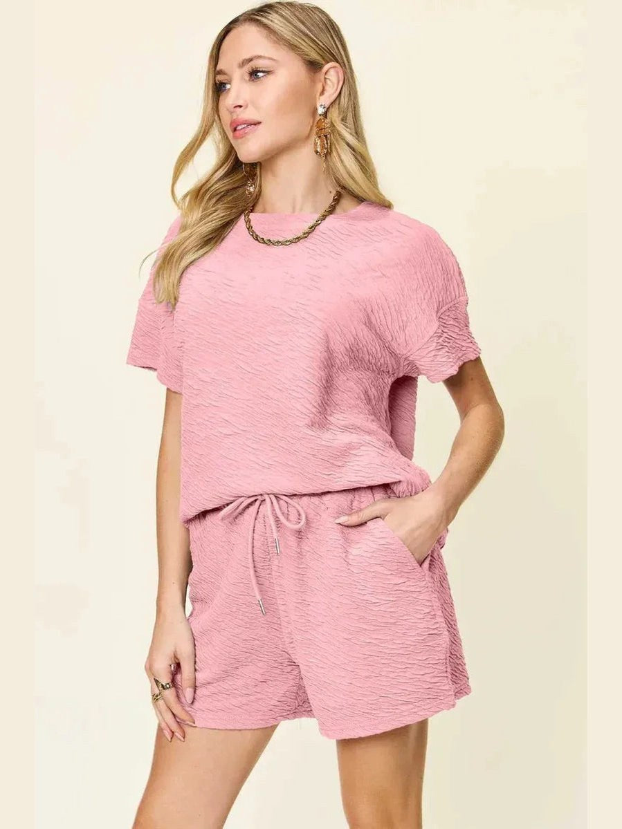 Double Take Full Size Texture Short Sleeve T-Shirt and Drawstring Shorts Set -- 