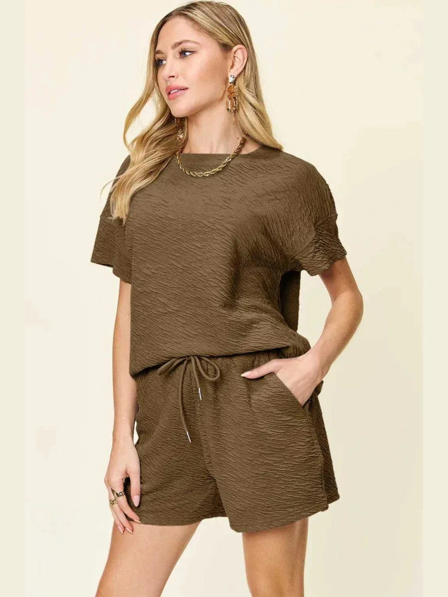 Double Take Full Size Texture Short Sleeve T-Shirt and Drawstring Shorts Set -- 