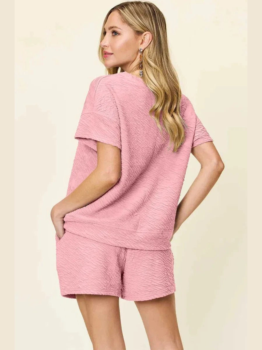 Double Take Full Size Texture Short Sleeve T-Shirt and Drawstring Shorts Set -- 