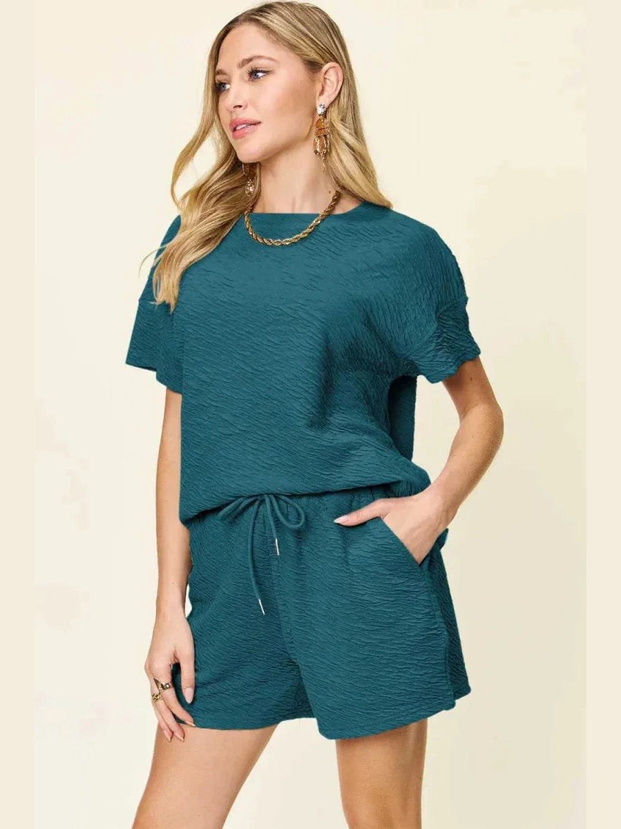 Double Take Full Size Texture Short Sleeve T-Shirt and Drawstring Shorts Set -- 