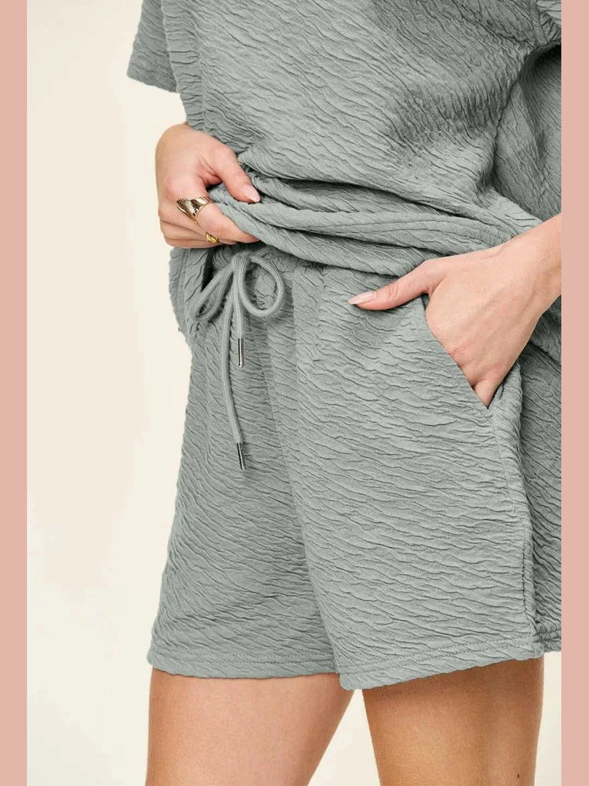 Double Take Full Size Texture Short Sleeve T-Shirt and Drawstring Shorts Set -- 