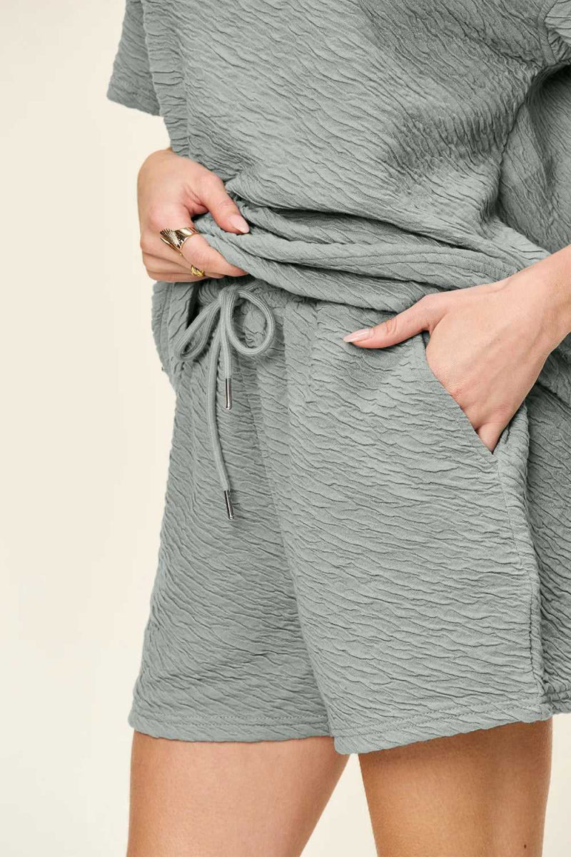 Double Take Full Size Texture Short Sleeve T-Shirt and Drawstring Shorts Set - Hopeford Streams
