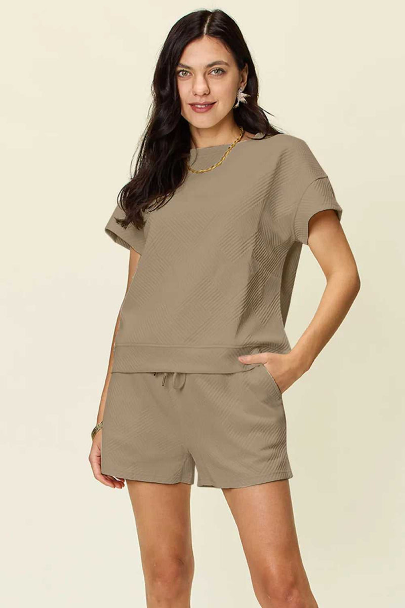 Double Take Full Size Texture Short Sleeve T-Shirt and Drawstring Shorts Set - Hopeford Streams