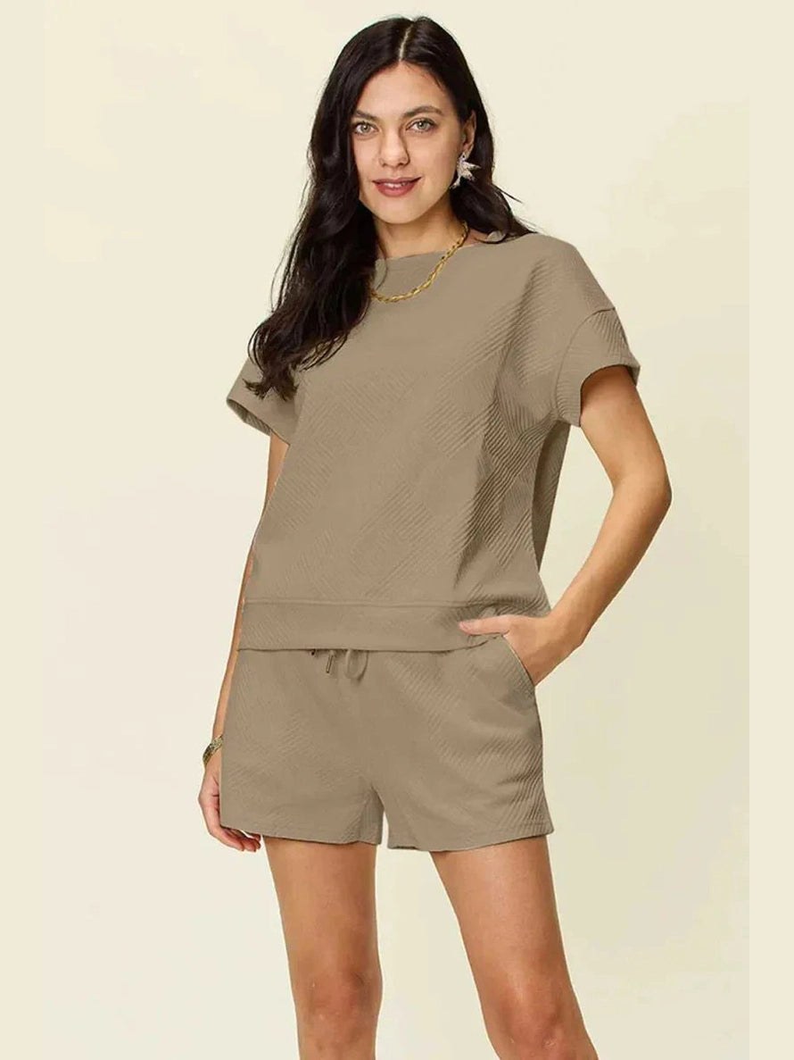 Double Take Full Size Texture Short Sleeve T-Shirt and Drawstring Shorts Set -- 
