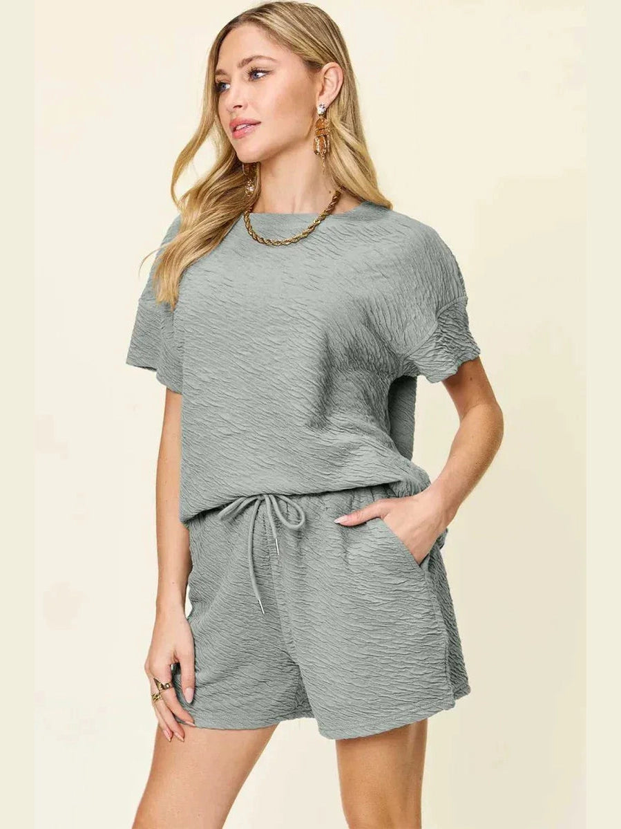 Double Take Full Size Texture Short Sleeve T-Shirt and Drawstring Shorts Set -- 