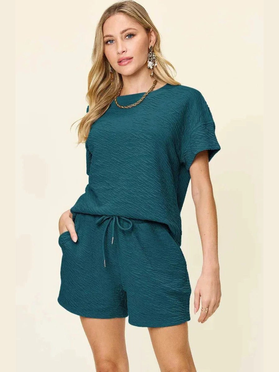 Double Take Full Size Texture Short Sleeve T-Shirt and Drawstring Shorts Set -- 