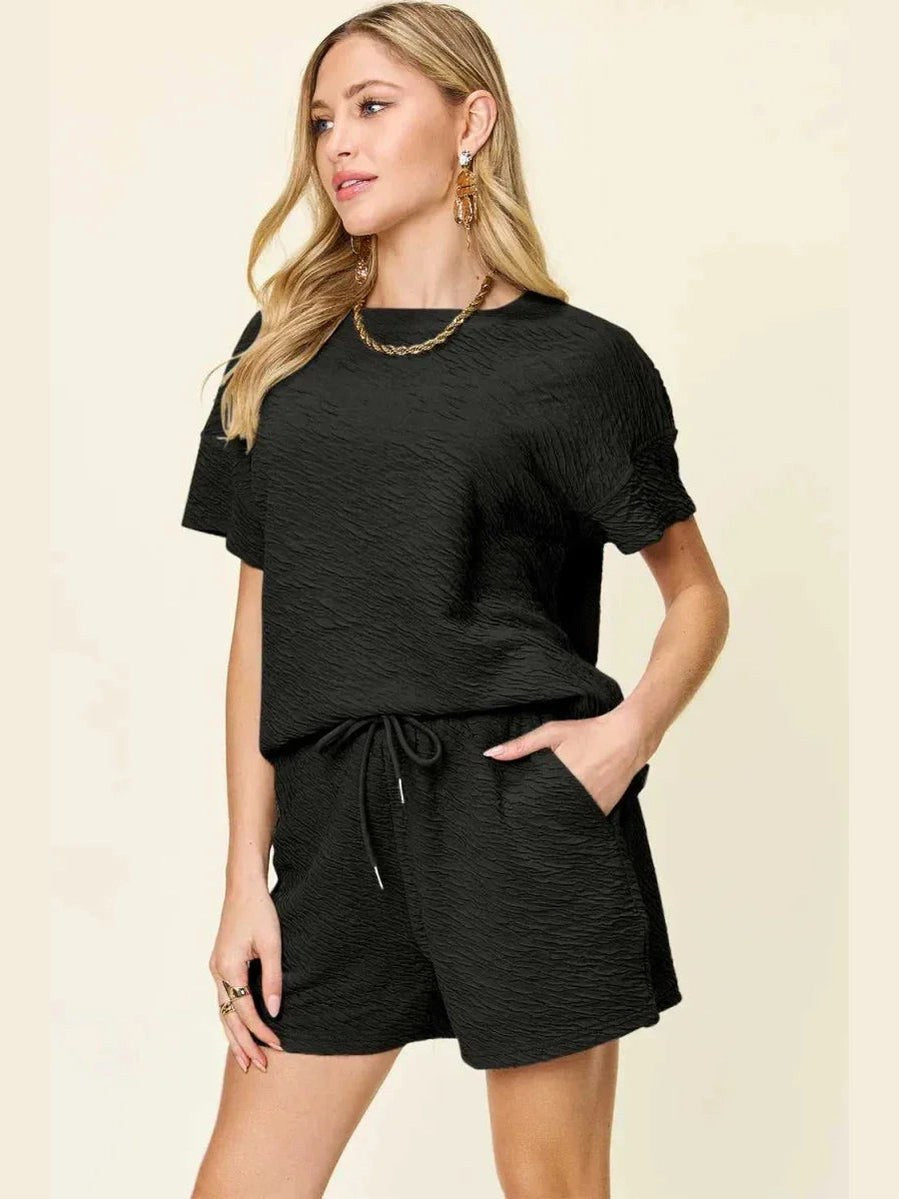 Double Take Full Size Texture Short Sleeve T-Shirt and Drawstring Shorts Set -- 