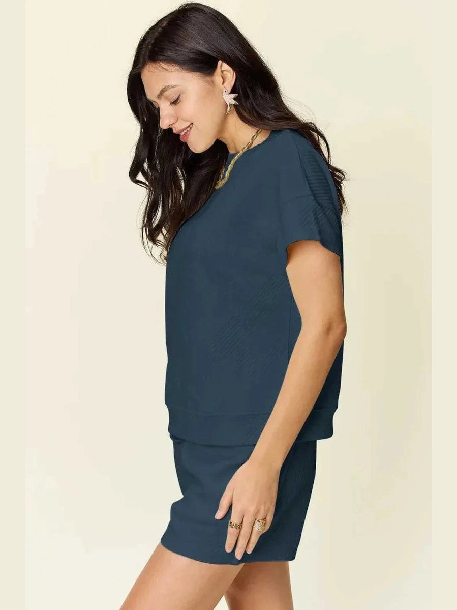 Double Take Full Size Texture Short Sleeve T-Shirt and Drawstring Shorts Set -- 