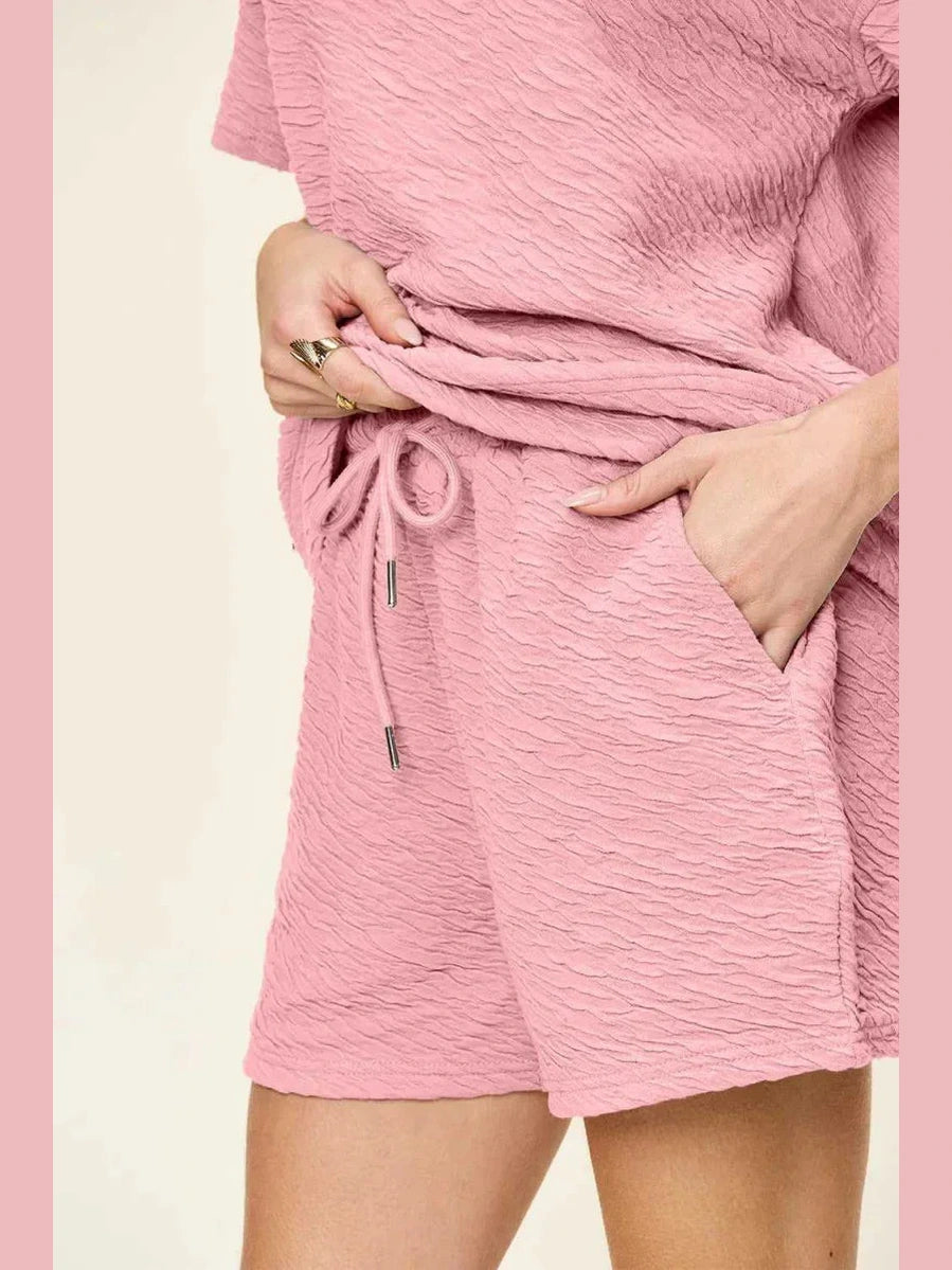 Double Take Full Size Texture Short Sleeve T-Shirt and Drawstring Shorts Set -- 